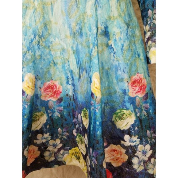 Susongeth Womens Sz Large Dress Long Sleeve Rose Watercolor Fitted Waist Rare L - Picture 3 of 7